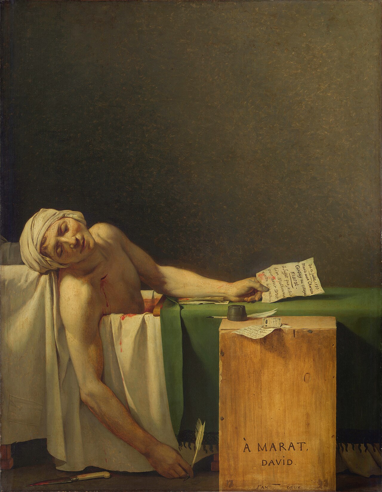 The Death of Marat (1793) by Jacques-Louis David: the murdered revolutionary slumped in his bath, quill and letter still in hand.